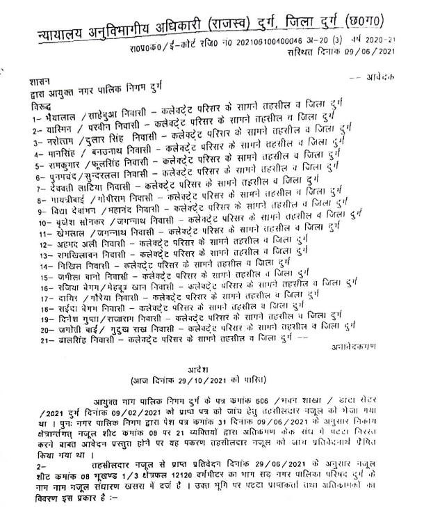 Durg News - Rajiv Gandhi Ashray Yojana 21 Patta Nirust SDM Aadesh Nagar Nigam Durg Chhattisgarh